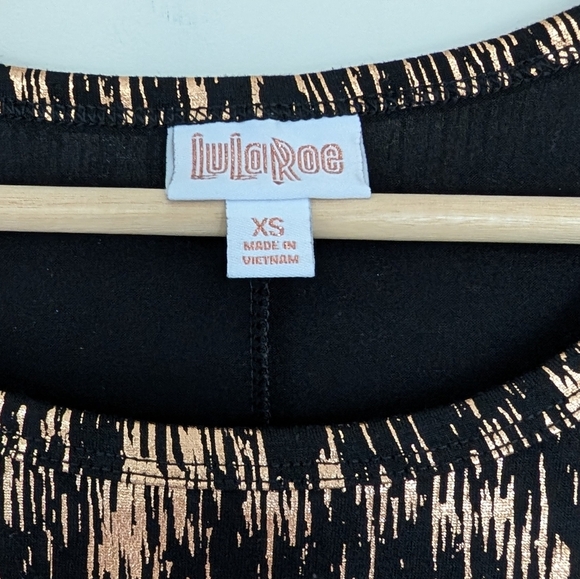 LuLaRoe XS Carly High-Lo Swing Dress -Black w/Rose Gold Foil Scribble Overlay - Picture 3 of 7